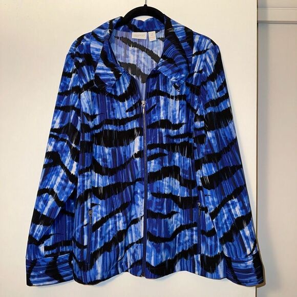 Chicos Zenergy Zipper Jacket Blue Black Pattern Size 2 (Large) EUC - Picture 1 of 13